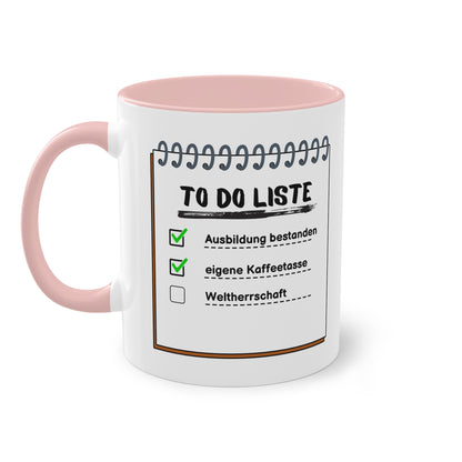 To-Do-Liste Ausbildung bestanden, eigene Kaffeetasse, Weltherrschaft - Zwei-Ton-Tasse