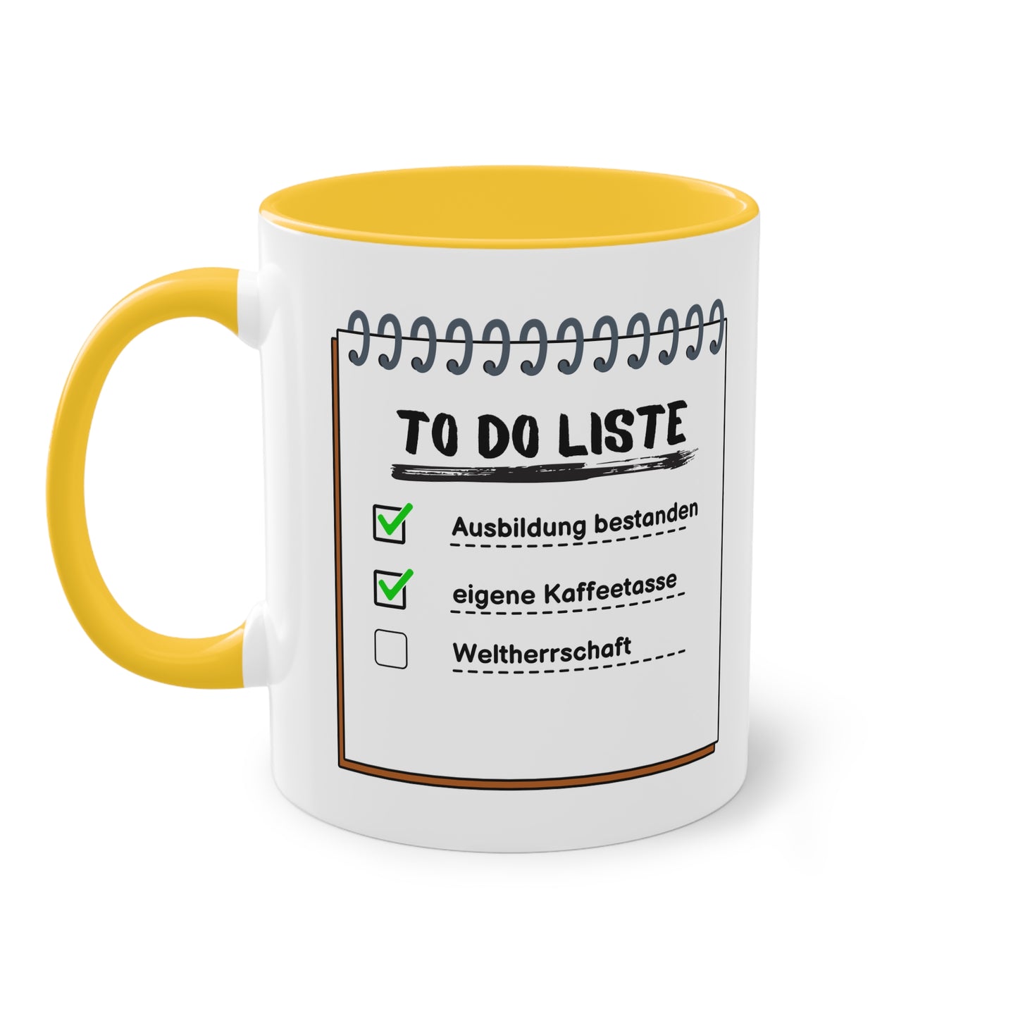 To-Do-Liste Ausbildung bestanden, eigene Kaffeetasse, Weltherrschaft - Zwei-Ton-Tasse