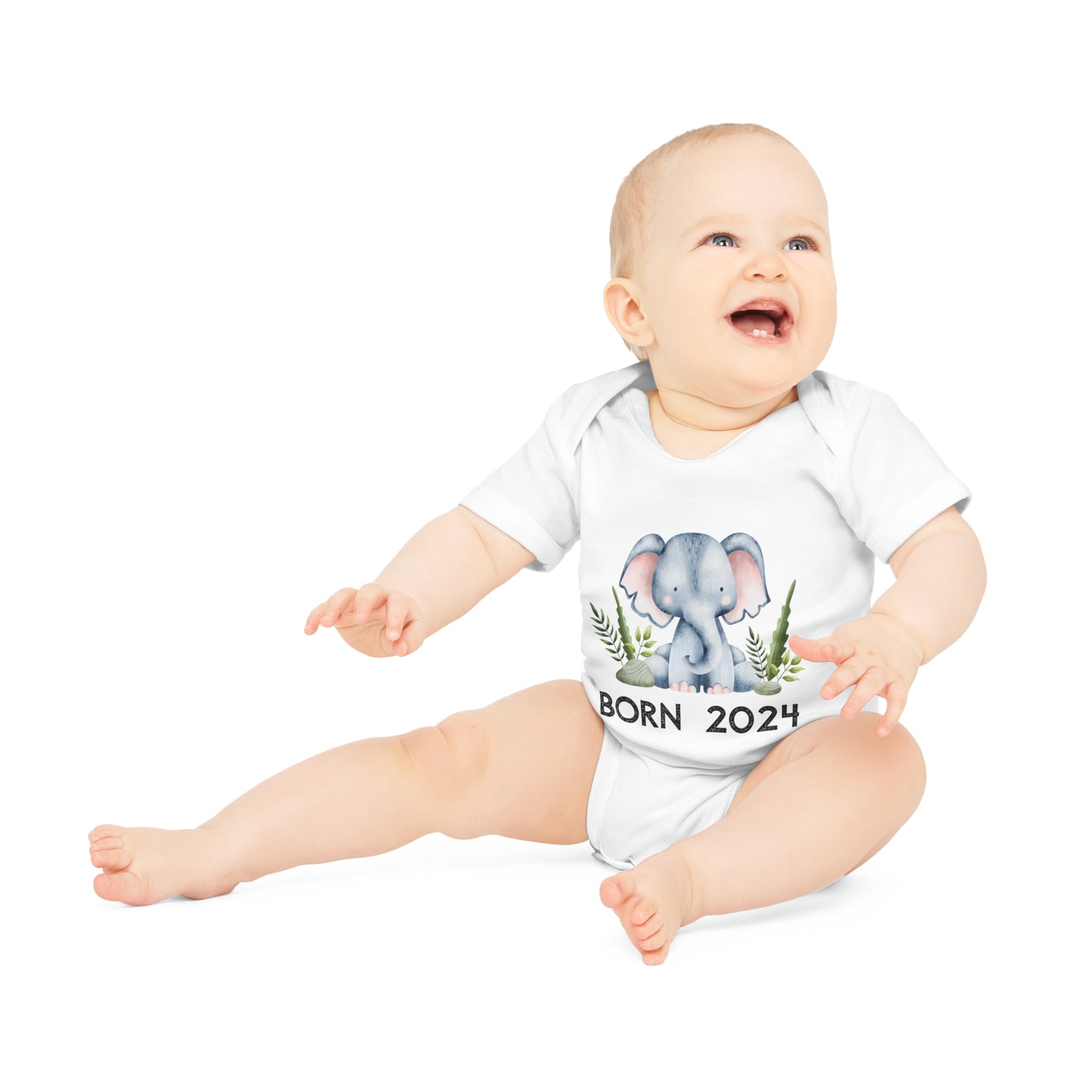 Short-sleeved organic bodysuits - born 2024 (elephant version 1)