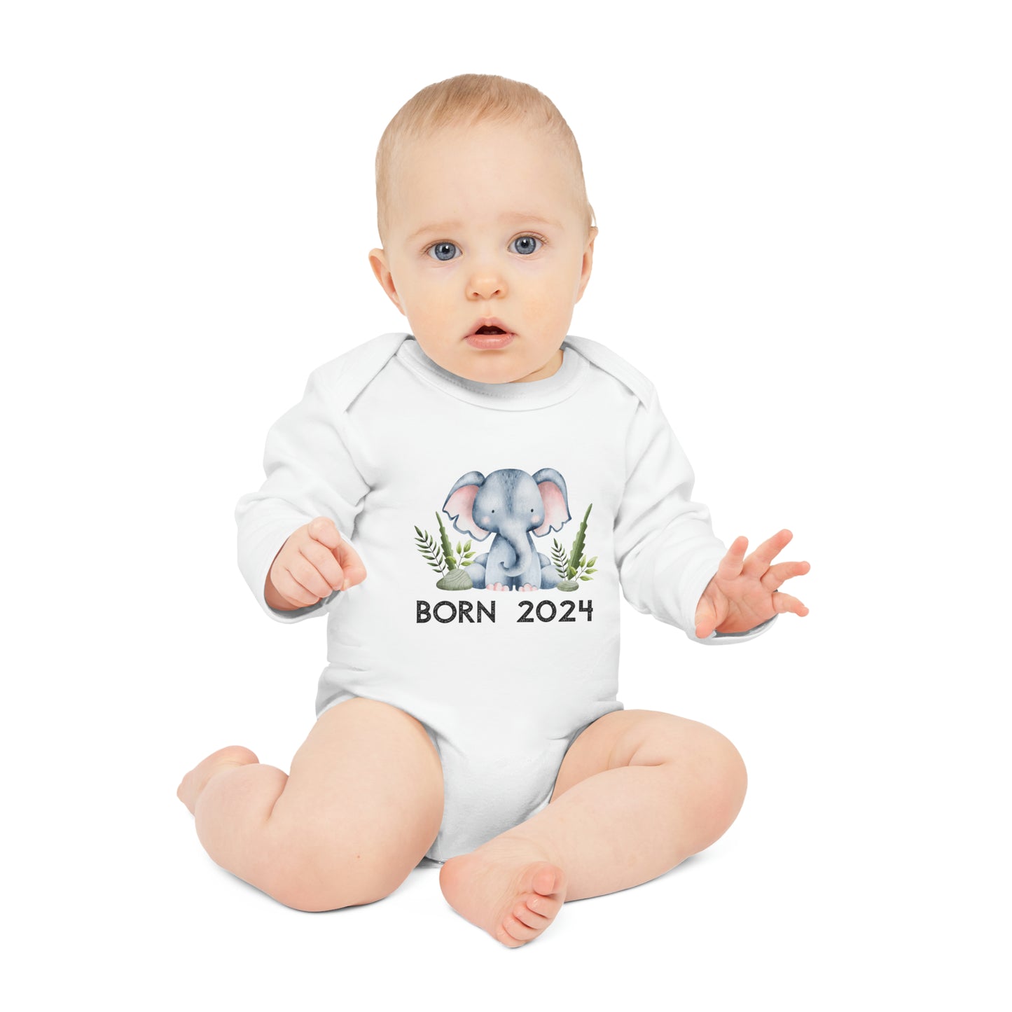 Organic long-sleeved baby romper - Born in 2024 (elephant version)