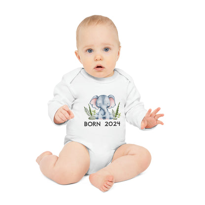 Organic long-sleeved baby romper - Born in 2024 (elephant version)