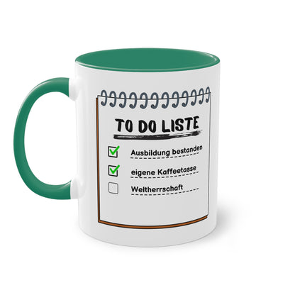 To-Do-Liste Ausbildung bestanden, eigene Kaffeetasse, Weltherrschaft - Zwei-Ton-Tasse