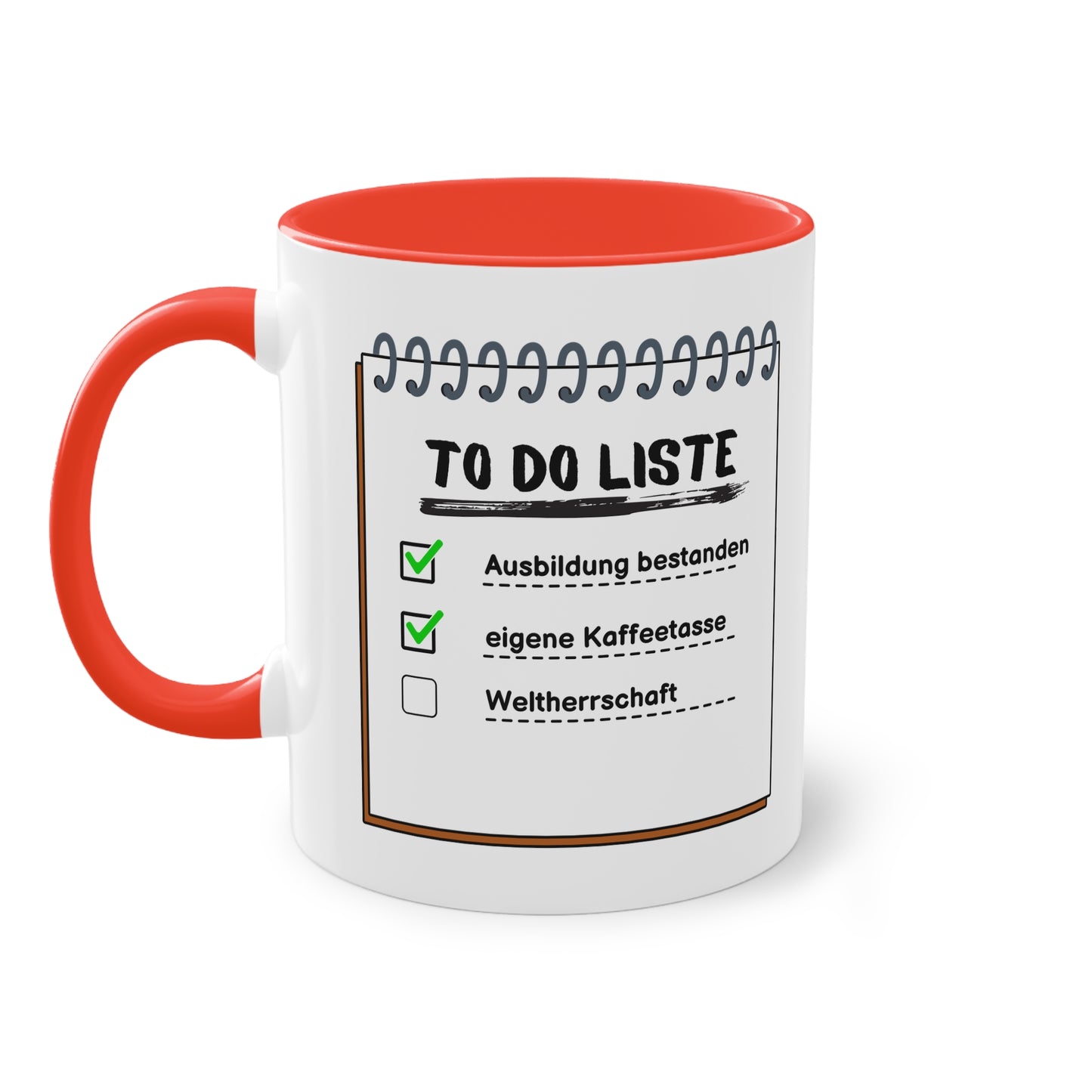 To-Do-Liste Ausbildung bestanden, eigene Kaffeetasse, Weltherrschaft - Zwei-Ton-Tasse