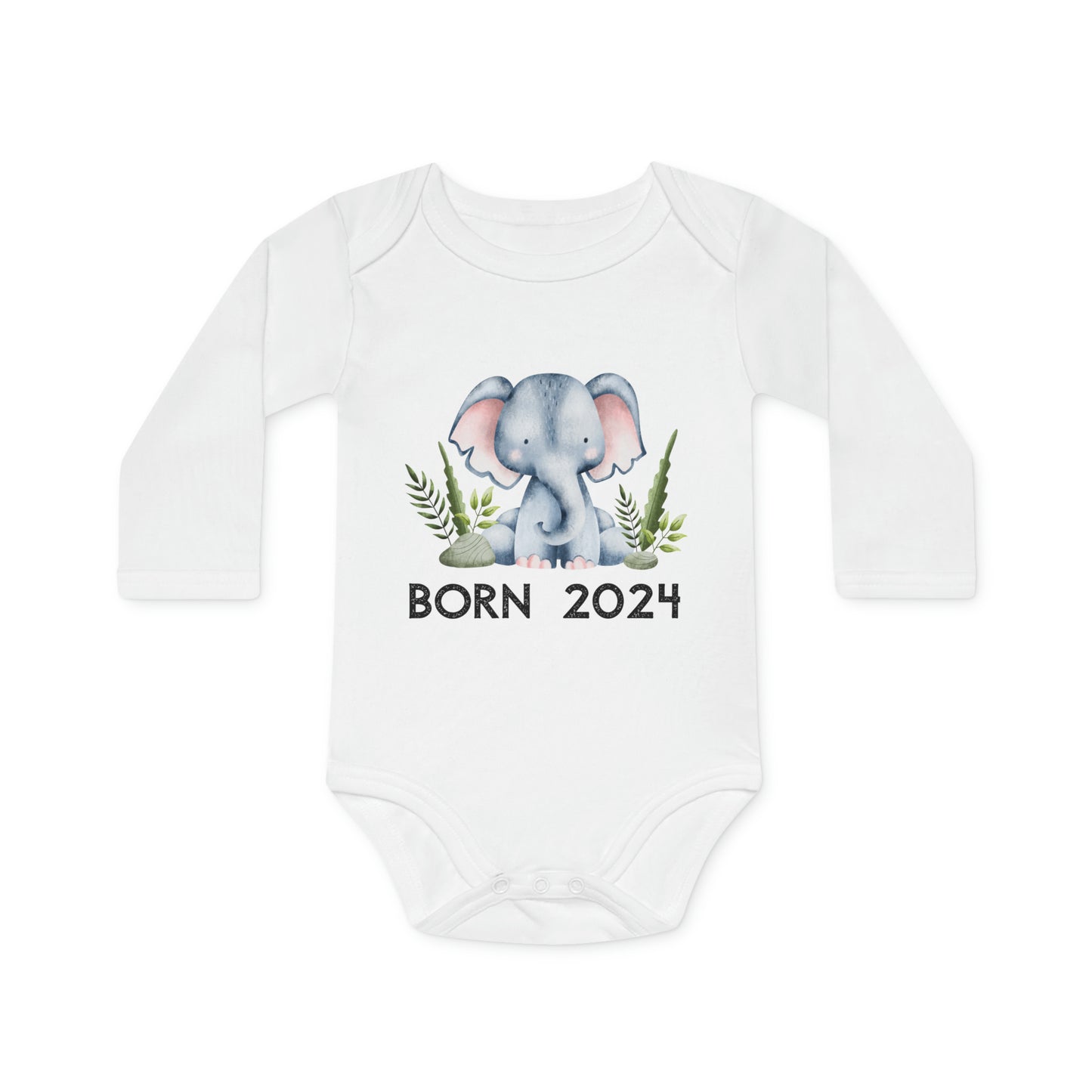 Organic long-sleeved baby romper - Born in 2024 (elephant version)