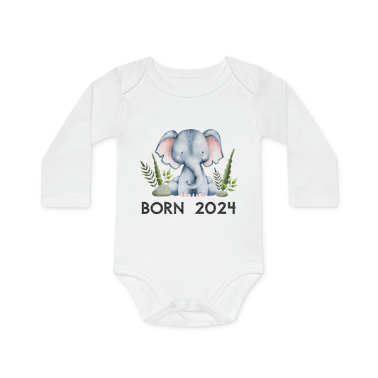 Bio-Langarm-Baby-Strampler - Born in 2024 (Variante Elefant)