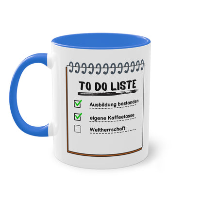 To-Do-Liste Ausbildung bestanden, eigene Kaffeetasse, Weltherrschaft - Zwei-Ton-Tasse