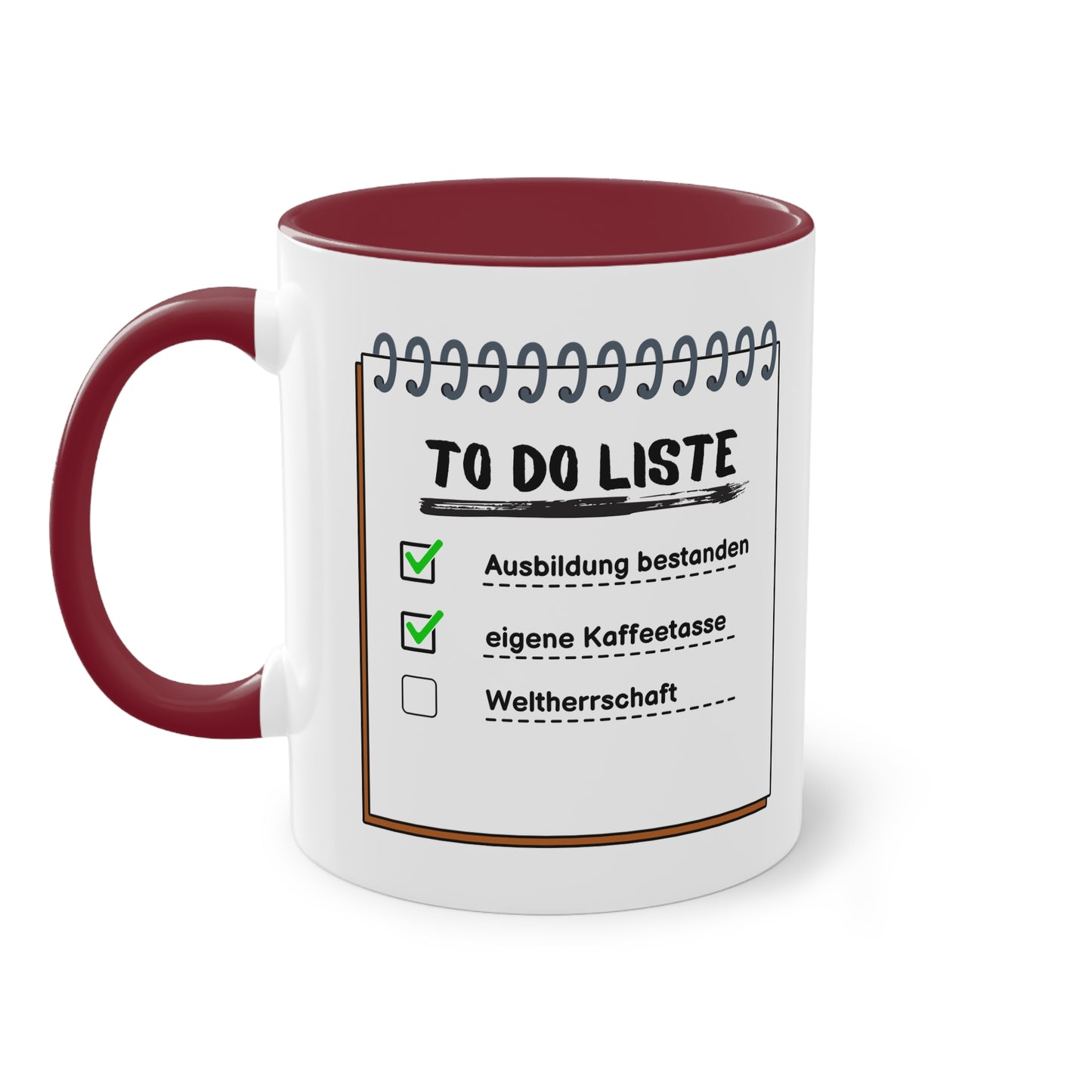 To-Do-Liste Ausbildung bestanden, eigene Kaffeetasse, Weltherrschaft - Zwei-Ton-Tasse