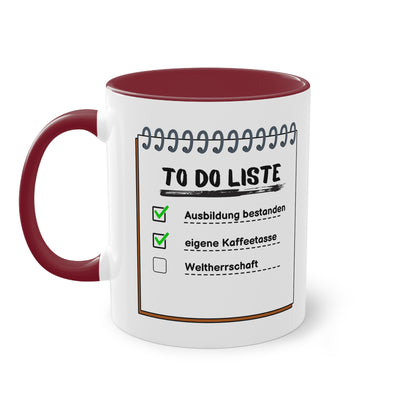 To-Do-Liste Ausbildung bestanden, eigene Kaffeetasse, Weltherrschaft - Zwei-Ton-Tasse