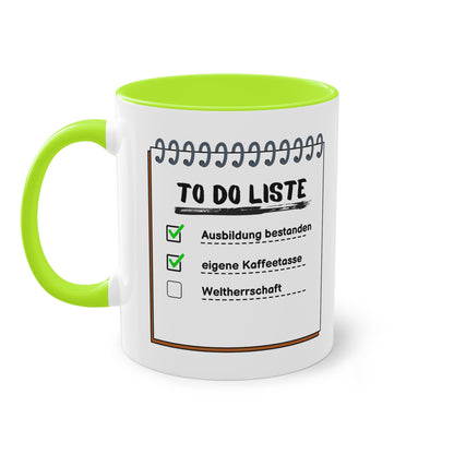 To-Do-Liste Ausbildung bestanden, eigene Kaffeetasse, Weltherrschaft - Zwei-Ton-Tasse