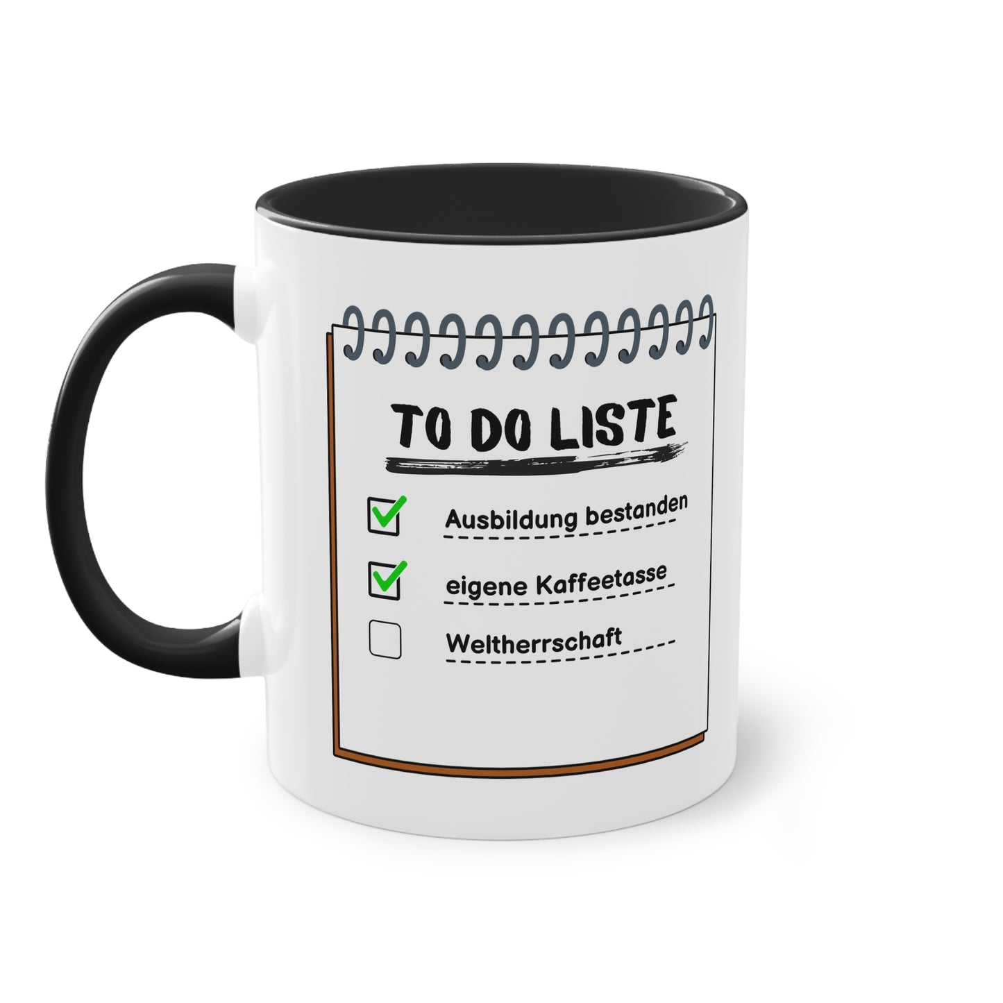 To-Do-Liste Ausbildung bestanden, eigene Kaffeetasse, Weltherrschaft - Zwei-Ton-Tasse